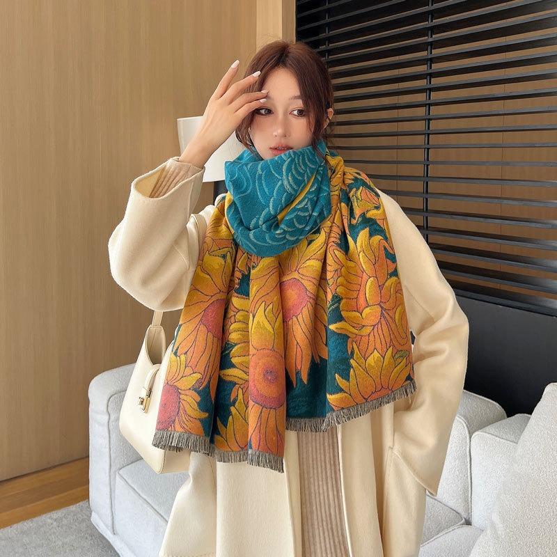 Autumn and winter new sunflower oil painting jacquard scarf women's high-end imitation cashmere shawl versatile thickened warm scarf