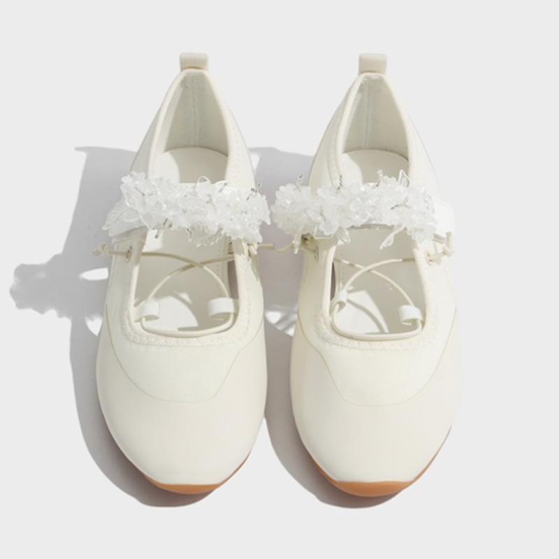 Fashion Fashion Crystal String Bead Flower Decoration Ballet Flats Women Cozy Round Toe Patchwork Design Mary Jane Shoes Outdoor Sneaker