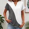 Women short sleeve striped patchwork V neck casual loose fit tunic top soft knit pullover tee shirt blouse