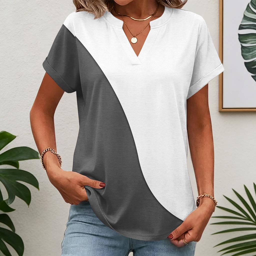 Women short sleeve striped patchwork V neck casual loose fit tunic top soft knit pullover tee shirt blouse
