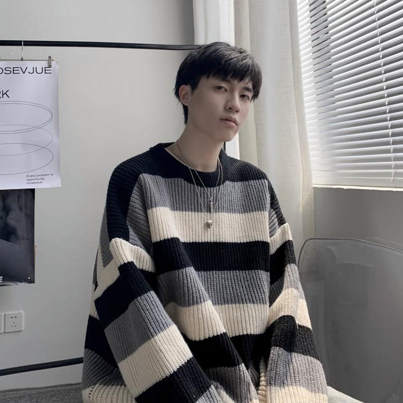 

Полосатые свитера мужские свободные пуловеры с круглым вырезом мужские зимние утолщенные теплые мягкие топы вязаные винтажные корейские стиль модные красивые XXL чёрный