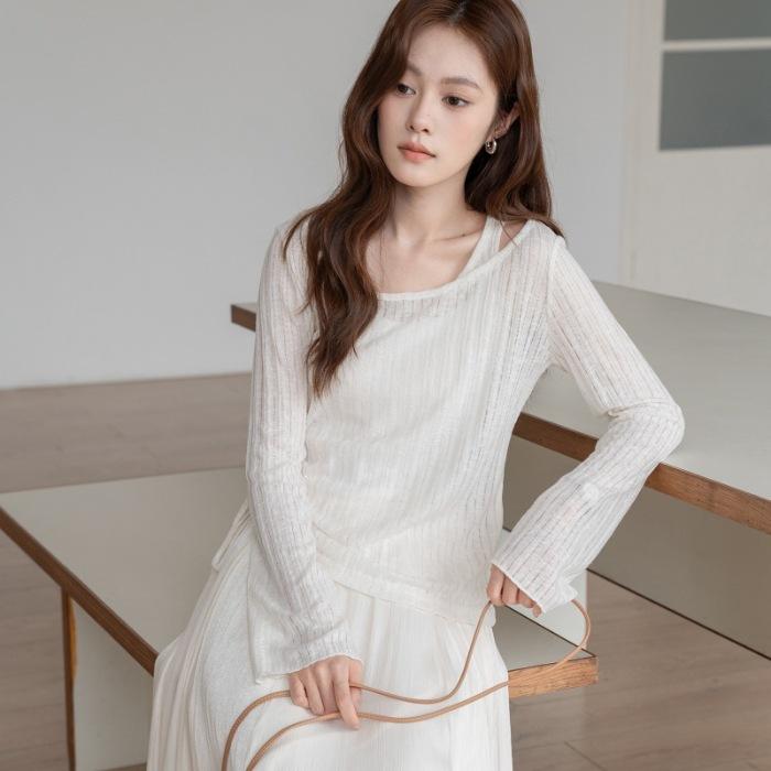 

Korean unique beautiful drawstring pleated design sense slightly transparent sunscreen blouse long sleeve women s autumn and summer temperament top S абрикосовый