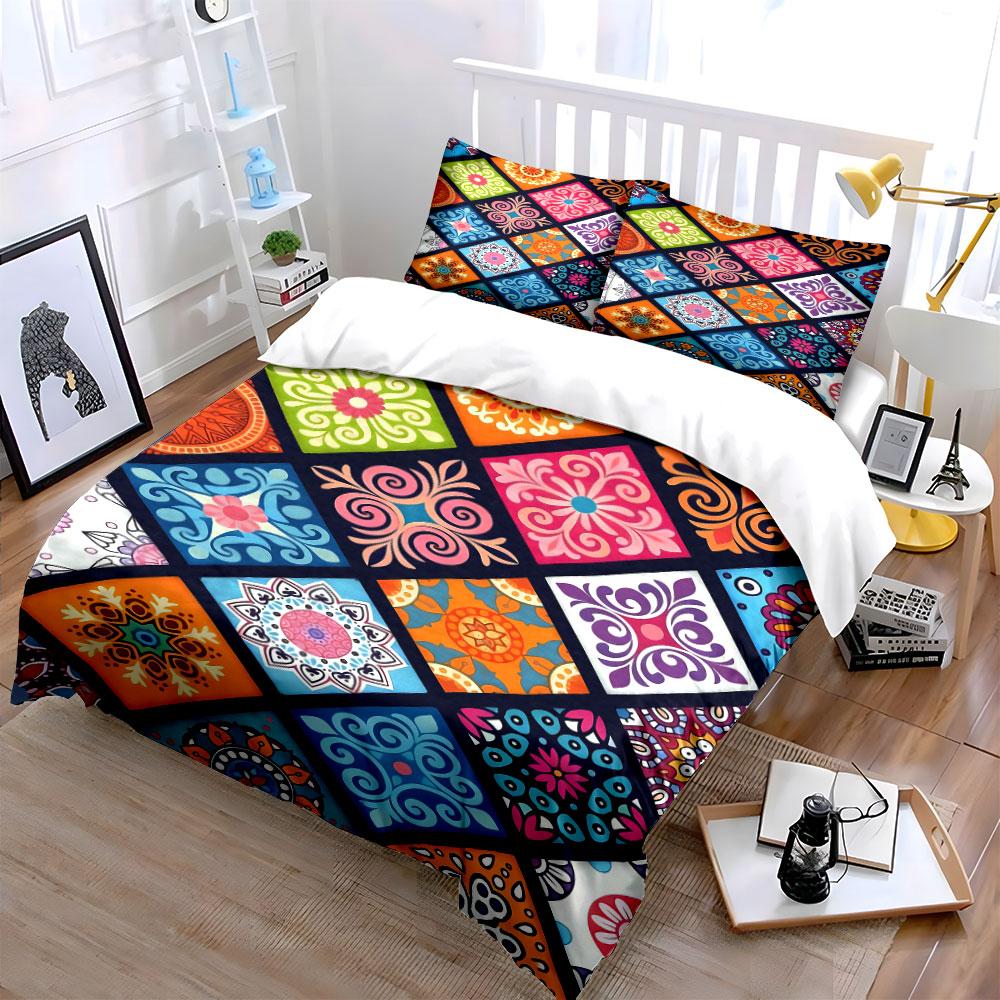 Colorful geometric floral tiles. Bedding sets Duvet cover sets Duvet covers Pillowcases(1 * Duvet Cover 2 * Pillowcases without duvet insert)