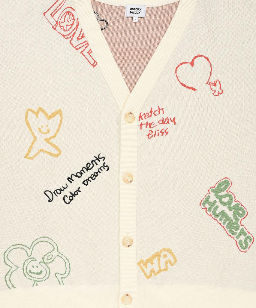 Wacky Willy V-Neck Pattern Cardigan Cream