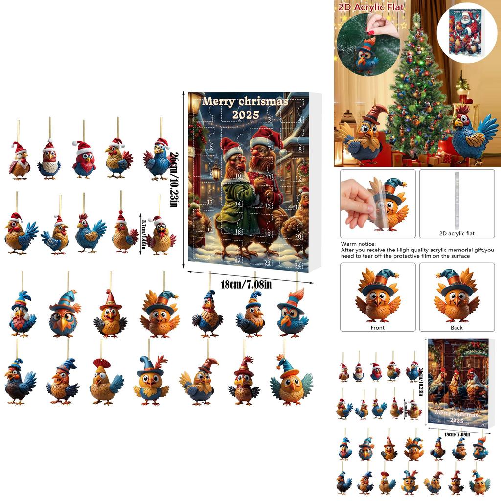 Weihnachts-Adventskalender mit 24 Acryl-Hahn-Dekorationen für die Feiertage