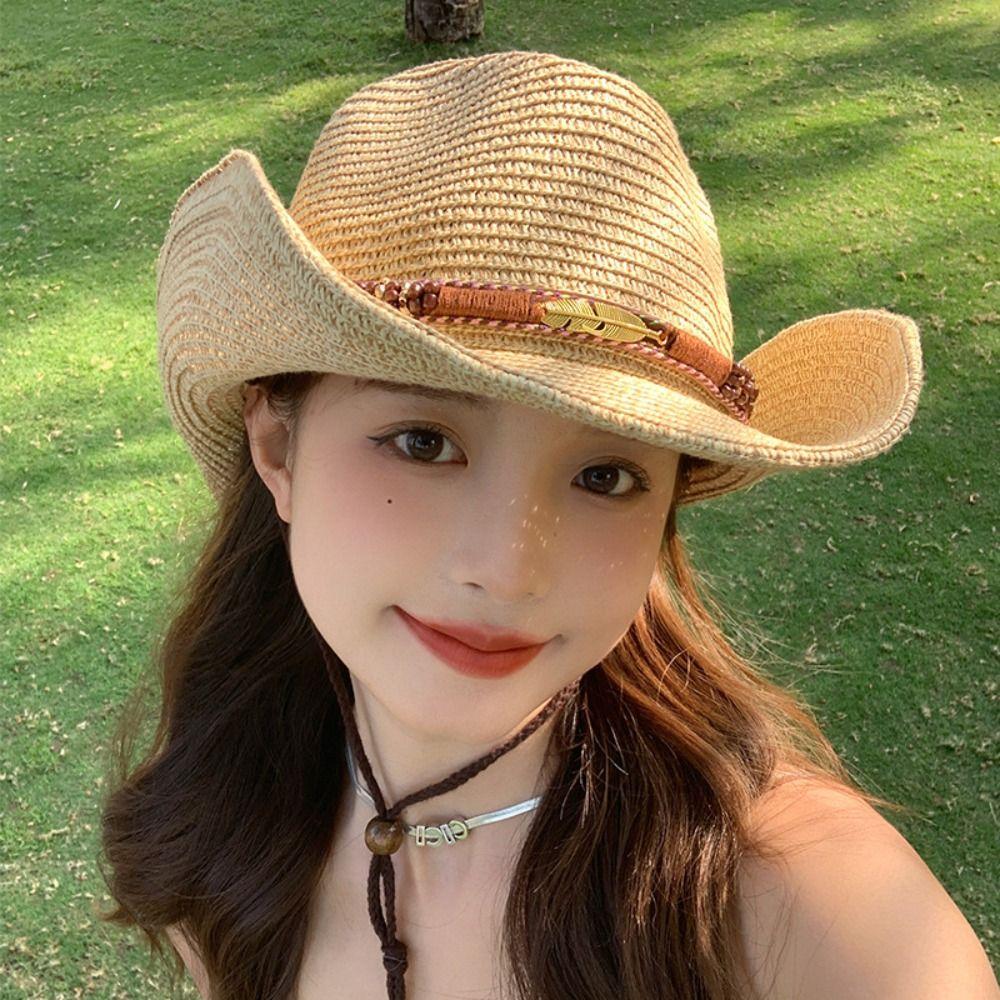 

Hiking Western Cowboy Hats Wide Brim Sunscreen Visor Cap Vintage Straw Cowgirl Hat Outdoor Style 1
