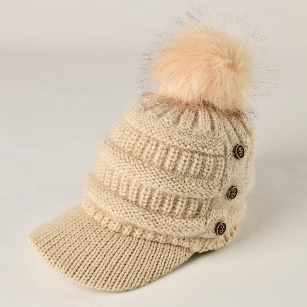 Autumn Winter Women Button Plush Thickened Warm Duck Tongue Big Wool Ball Knitted Wool Hat