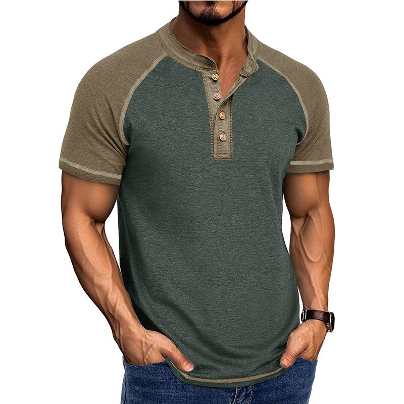 Men's Summer Short Sleeve T-Shirt Fashion Patchwork Henry Collar Button Casual Tees Tops