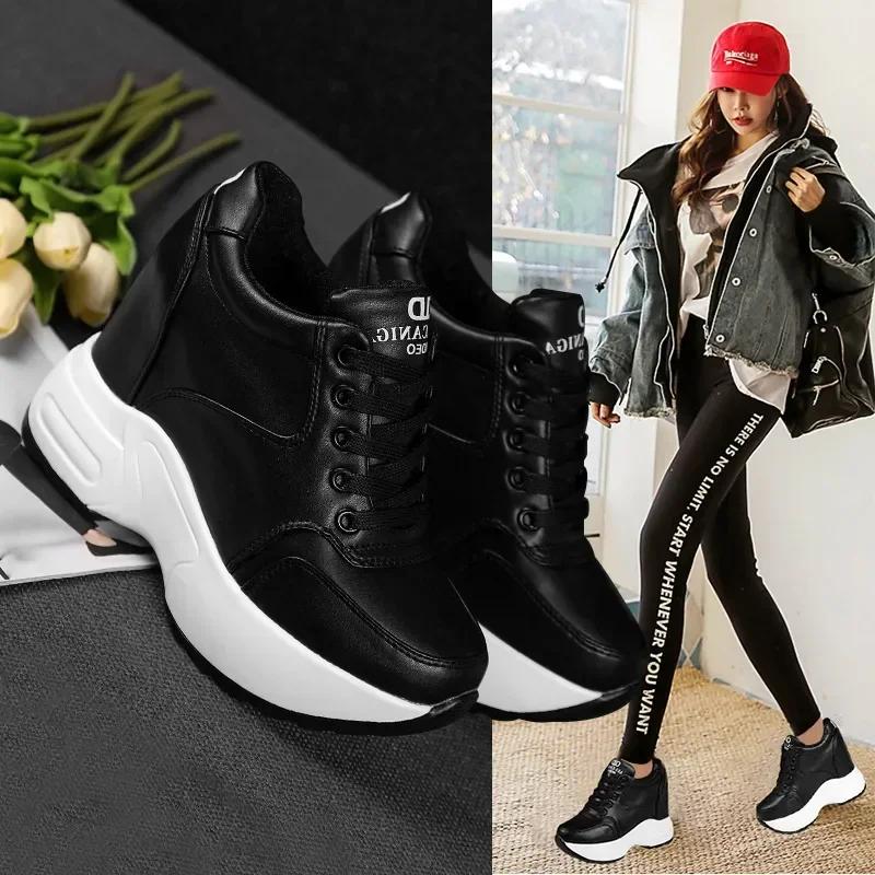 Fashion New Women's Ankle Boots Autumn Leather Chunky Shoes Woman Platform Height Increased Sneakers 10CM Thick Sole Wedges White Boots