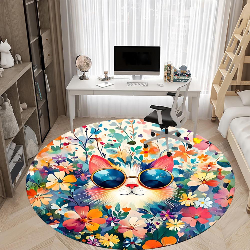 1pc Floral Cat Office Round Rug, Non-slip, Soft and Durable Office Rug for Interior Decoration, Perfect for Office,Decoration yy260204077