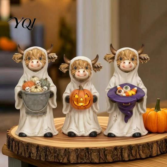 Holiday Desk Display 3Pcs Halloween Ghost Highland Cow Figurines, Resin Yak Statues with Pumpkin, Farmhouse Dark Aesthetic Gift Tabletop Ornaments for