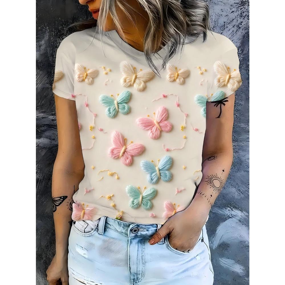 Sommer Modisches Lässiges Rundhals Kurzarm T-Shirt Bequem Atmungsaktiv Tier 3D Druck Locker Damen Pendler Vielseitiges T-Shirt