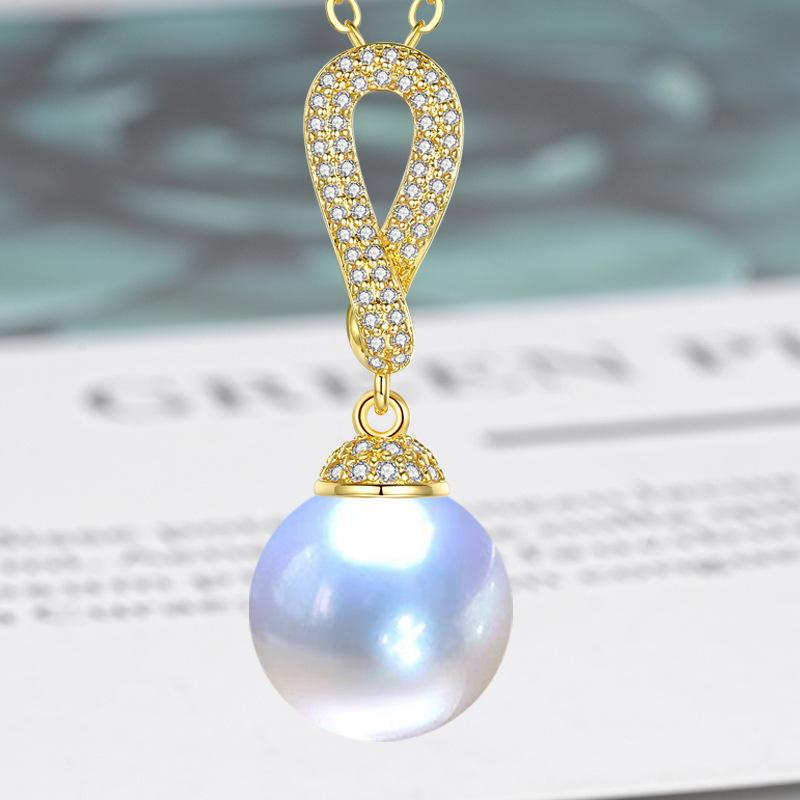 Zircon-Set Imitation White Pearl & Multicolor Shell Pendant Necklace - Women's Fashion Clavicle Chain