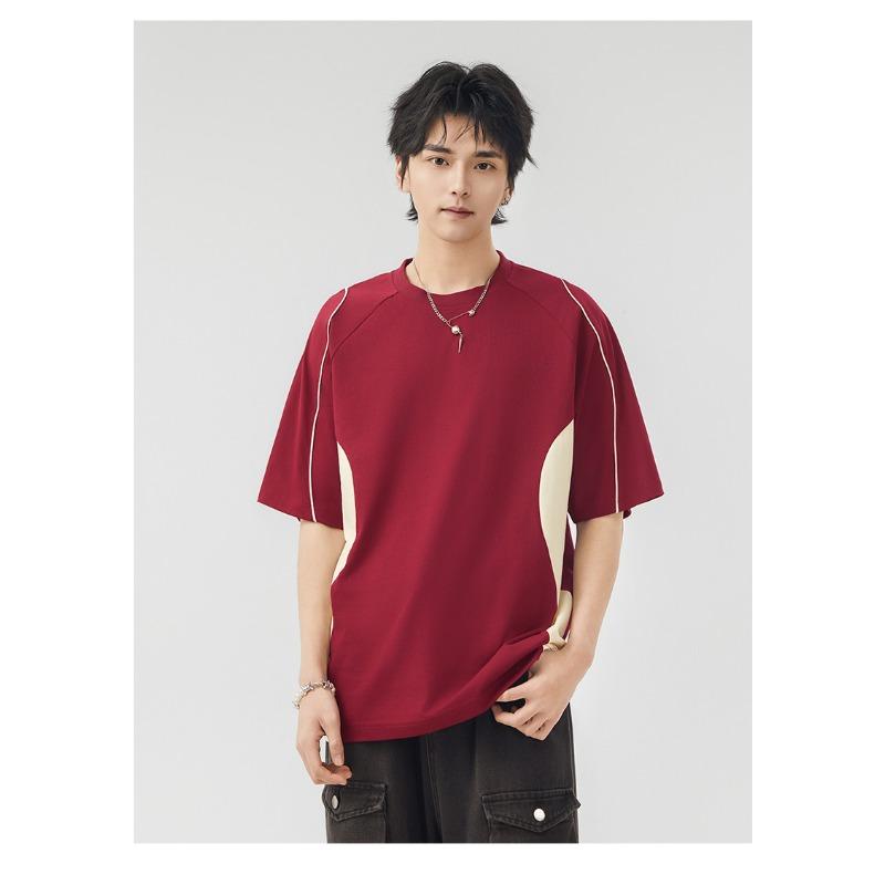 Herren Lockeres Patchwork Kurzarm T-Shirt mit Kontrastfarben Vin