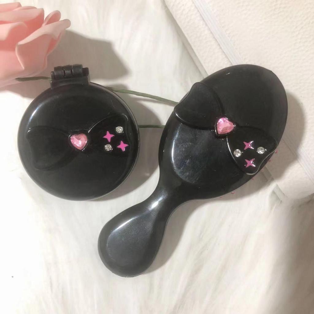 Pink & Black Y2K Bow Airbag Massage Comb – Cute, Portable DIY Hairbrush