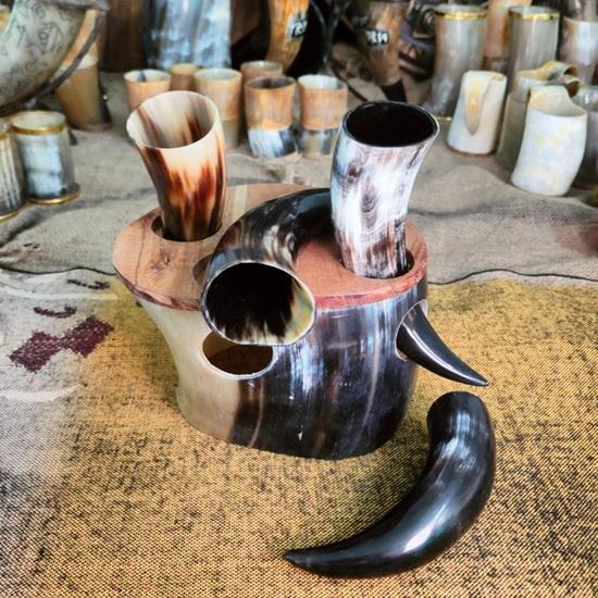 Viking Drinking Horn Shot Cups (Set of 4) with Horn Stand: Norse Decor