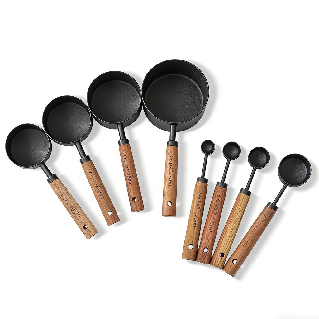 Stainless Steel Gold-Plated Measuring Spoons & Cups with Acacia Wood Handles, Precise Markings, 8-Piece Baking Tool Set.