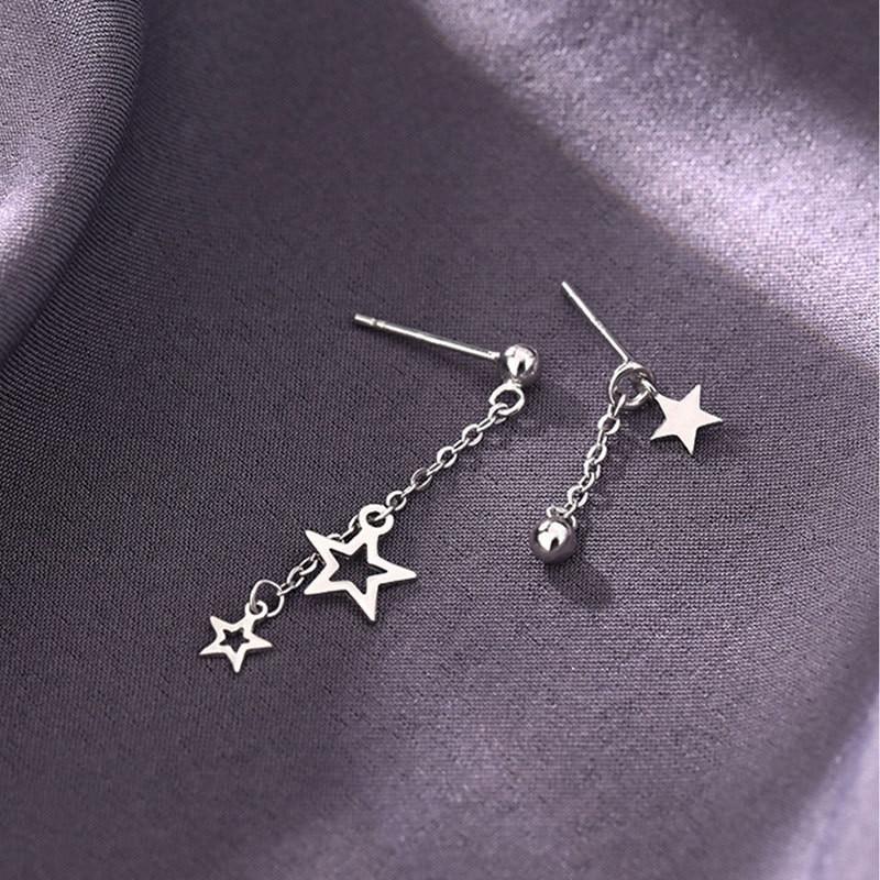 Sterling Tone Sweet Romantic Star Tassel Stud Earrings Women Modish Stylish Minimalist Simple Daily Wear Jewelry AccessoriesSweet Stud