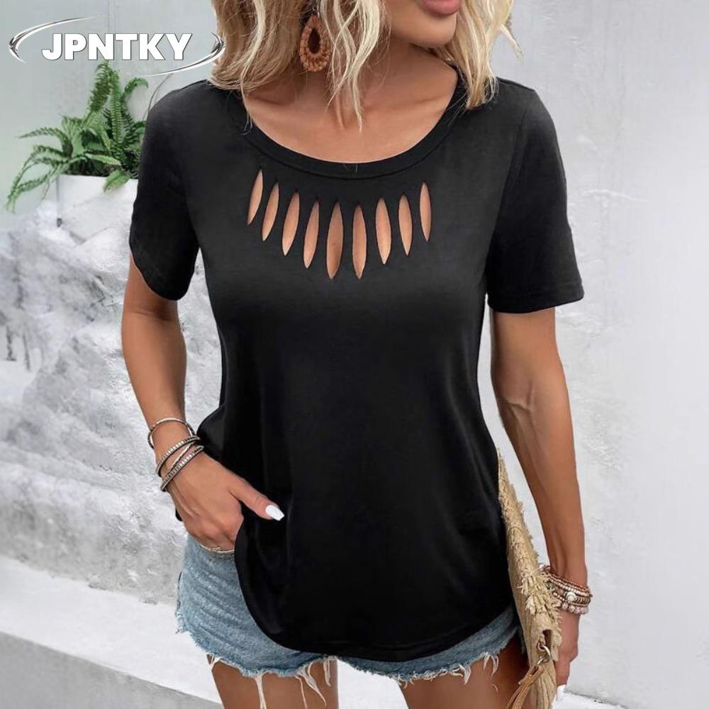 JPNTKY Women's Fashion Casual Solid Color Print Short Sleeve O-Neck Blouses & Shirts