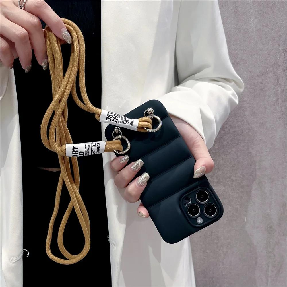 Crossbody Necklace Strap Lanyard Down Jacket Silicone Soft Phone Case For 15 14 13 Pro Max 12 11 XS XR Puffer Case