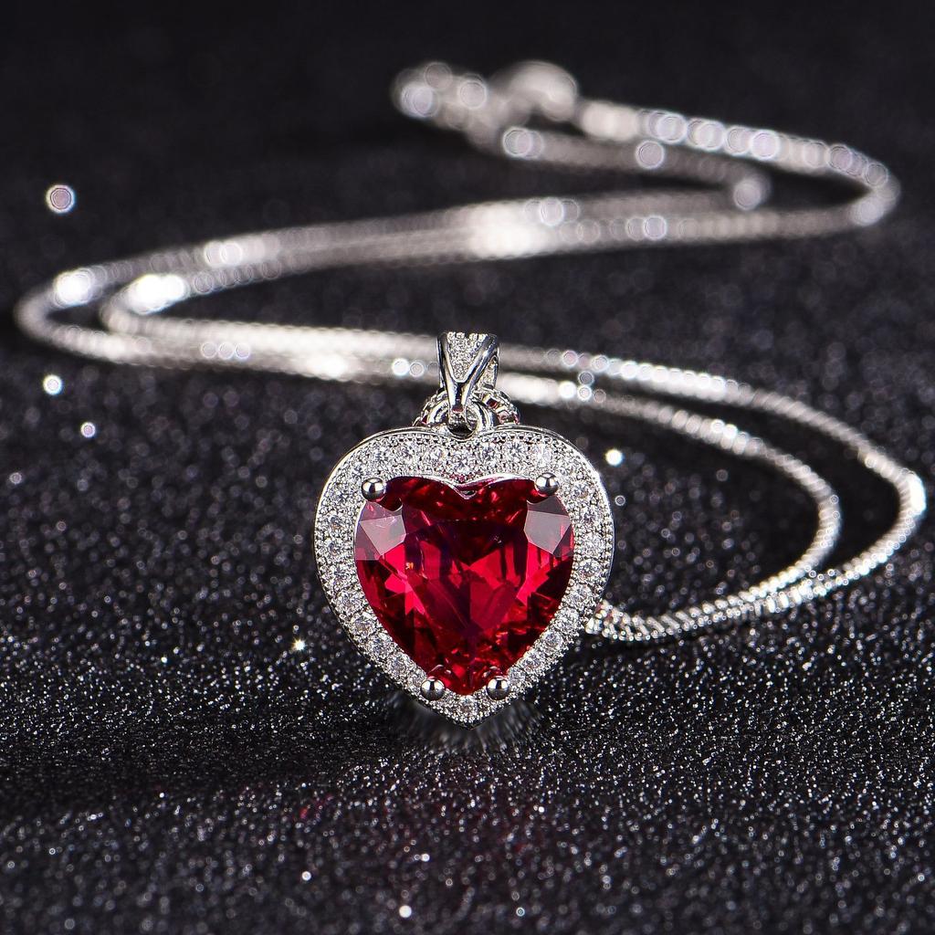 New exaggerated European and American heart-shaped simulated ruby tourmaline encrusted zircon love pendant women's fashion necklace