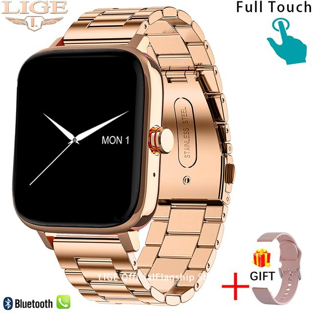 

LIGE Call Smart Watch Women Custom Dial Smartwatch for Android IOS Waterproof Bluetooth Music Watches Full Touch Bracelet Clock Steel Belt золотий