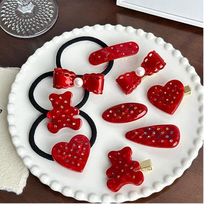 Festive Bright Red Geometric Rhinestones  Hair Clip Premium Sense Bangs Side Clip High Ponytail Scrunchie Hair Accessories