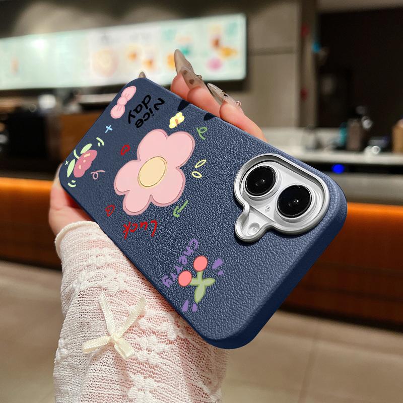 Cute Carton Flower Pattern Leather Texture Slim Soft Case For iPhone 16 Pro Max 15 14 Pro 13 12 11 Matte Lens Protection Shockproof TPU Phone Cover