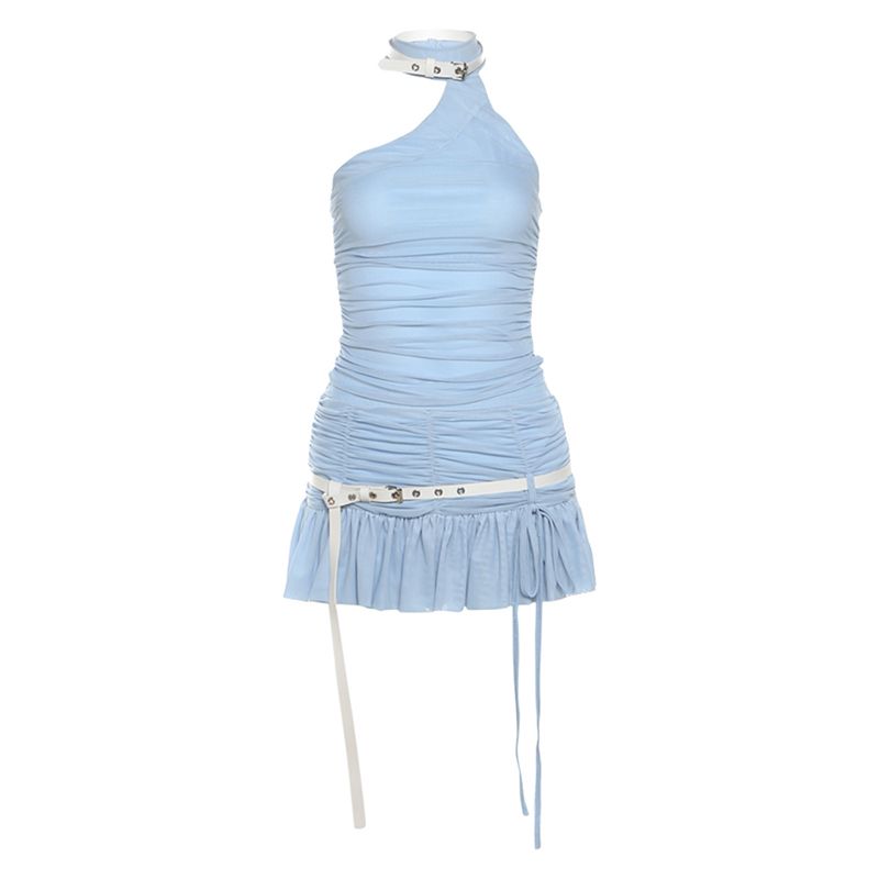 

# Sisjuly# Denim Casual Young Adult Ruffle Sweet off-Shoulder Halter Vest Sexy Easiest for Match Skirt Suit Women Blue S