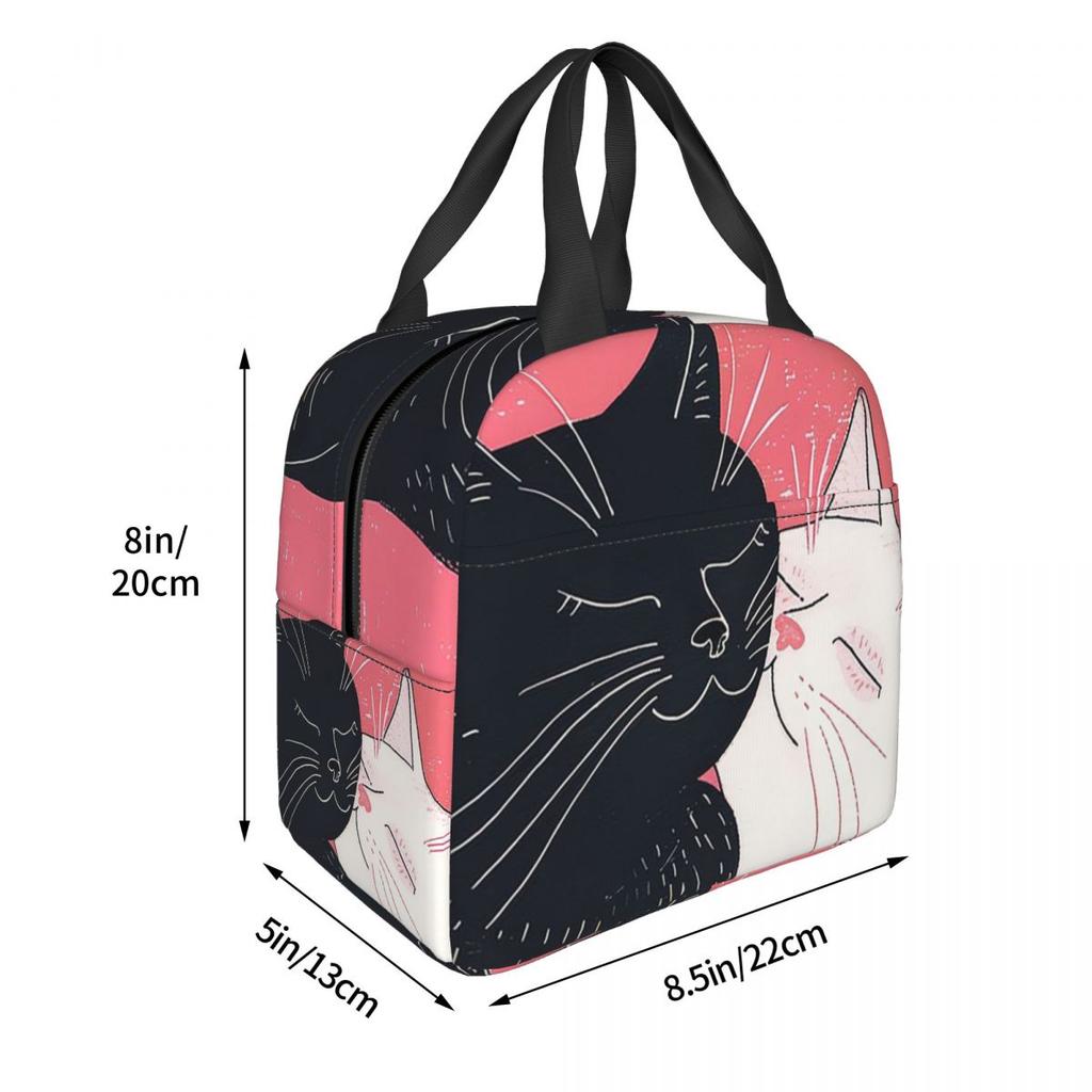 Cartoon Black White Cat Print Insulated Lunch Bag for Women Office Cooler Thermal Food Box Tote Leakproof Lunch Boxes Container