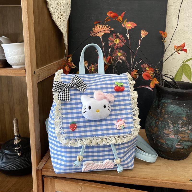 Children's Cute Cartoon Cat Red Grid Backpack Little Girl Lace Decorative Schoolbag New School Backpack