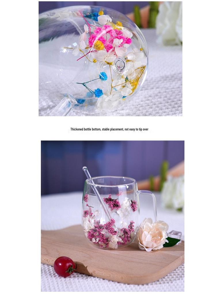 Luxury Double-Layer Glass Cup with Real Flowers and Quicksand Design