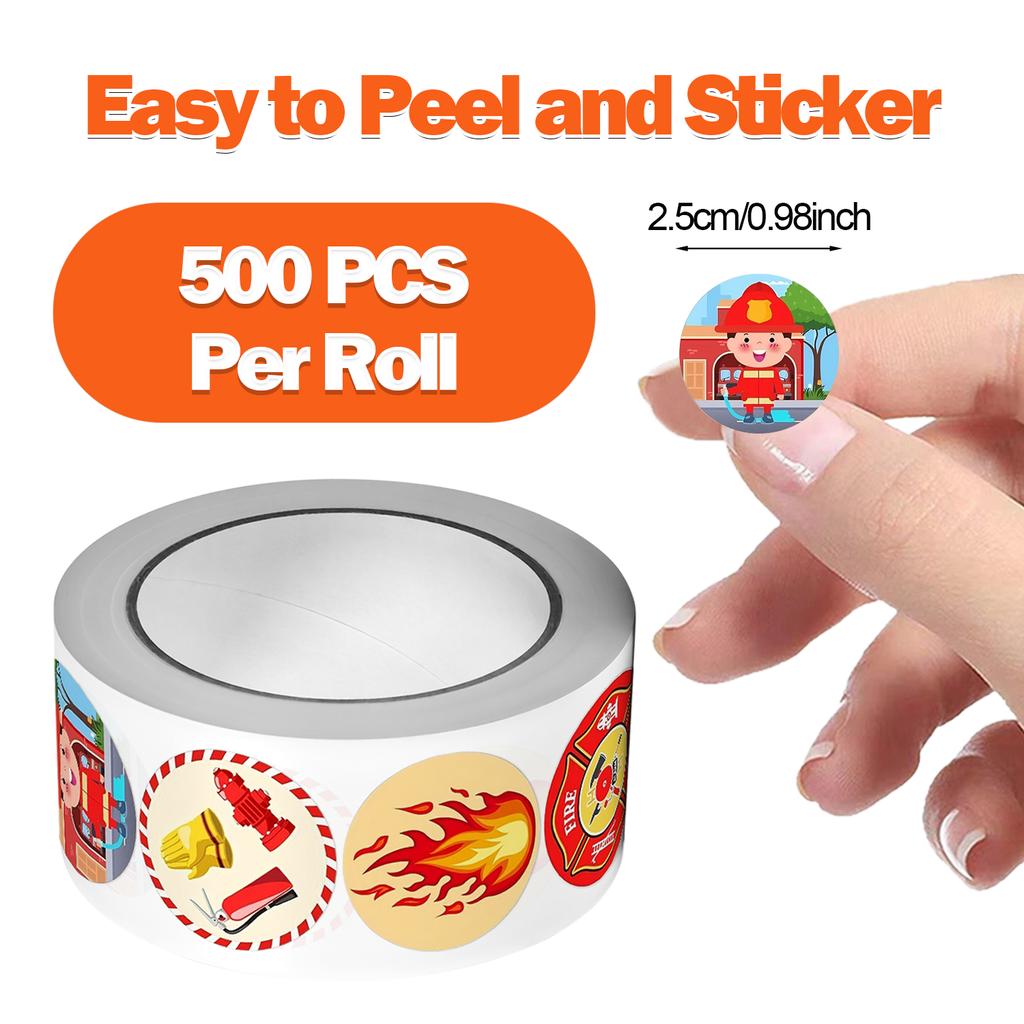 1Roll(500Pcs) Cartoon Fireman Police Stickers 16 Designs Decals Kids Teacher Reward Labels School Supplies Various Gift Package