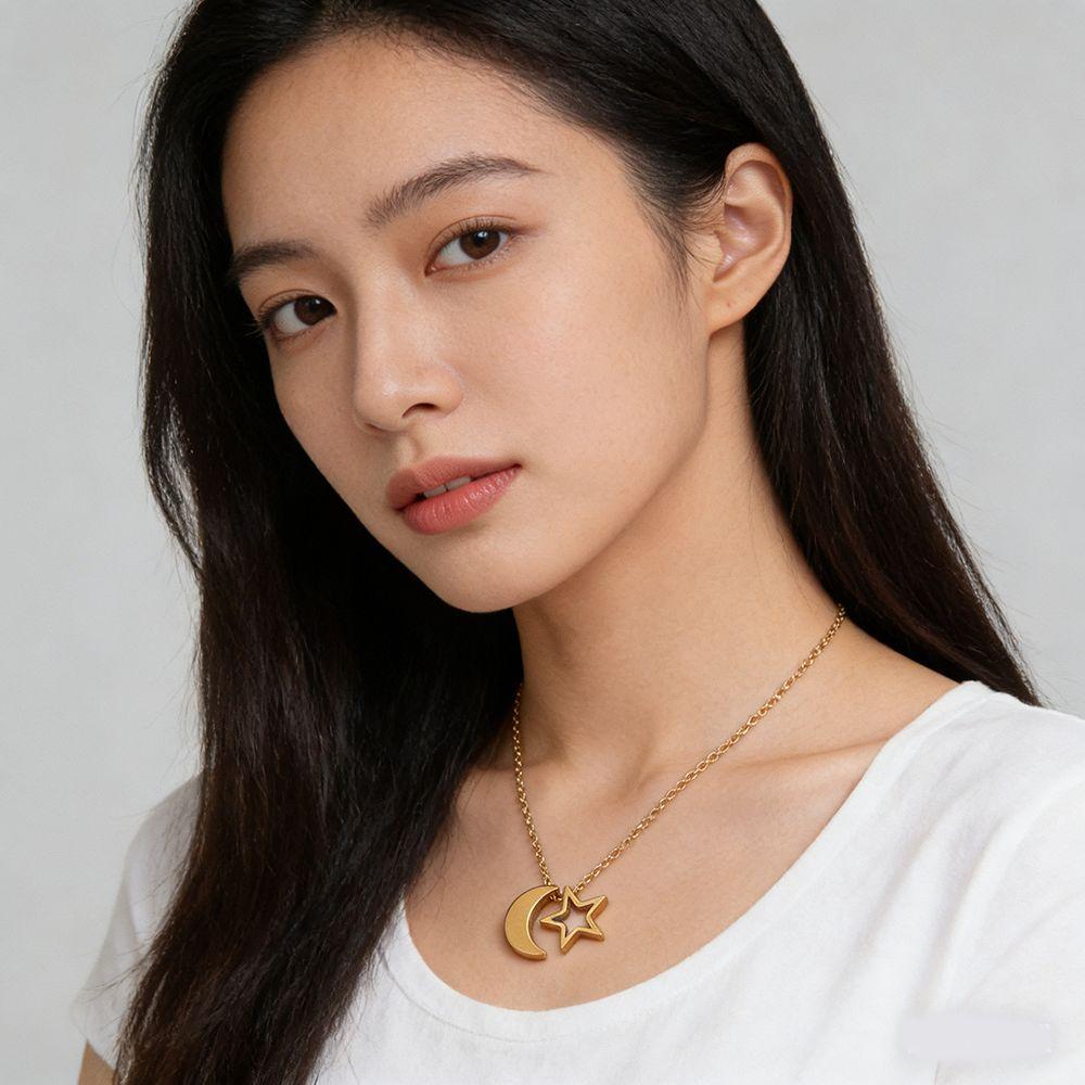 Pentagram Star Moon Necklace Stainless Steel Couple Neck Chain Valentine's Day Necklace Girl