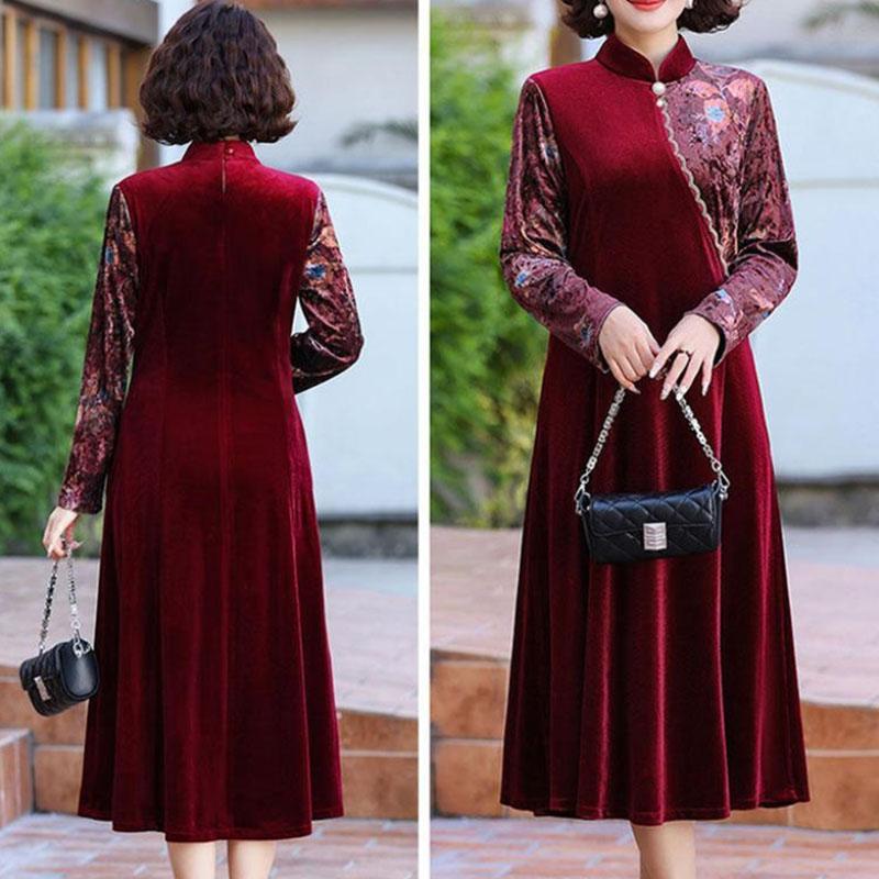 Women's Loose Plus Size Velvet Dress Color-Block Printed Velvet Long A-Line Dress