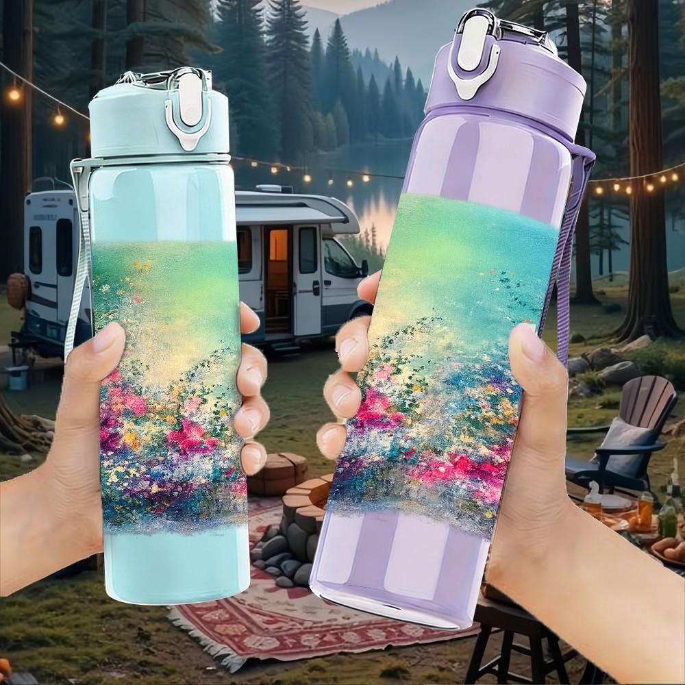 1PC Dreamy Blue Watercolor Scene Print 750ml Color Plastic Sports Water Bottle Leakproof Flip Straw Lid Suitable for Sports Office Home Use