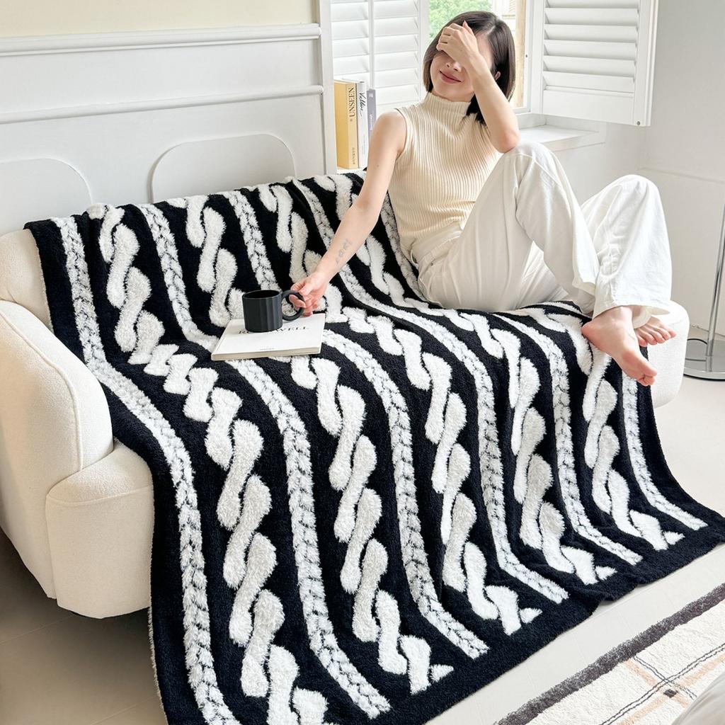 Double Sided Comfy Faux  Feather Yarn Throw Blankets For Couch, Lightweight Cable Knitted Blanket For Sofa Chair Bed