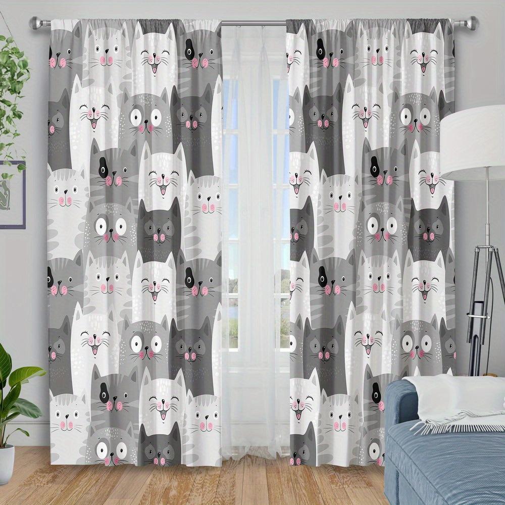 2pc Cat print curtains   polyester fabric   machine washable   suitable for bedroom and living room decoration