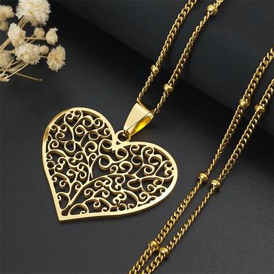 Ästhetischer Liebesherz Baum des Lebens Hohl Anhänger Halskette für Frauen Edelstahl Goldfarbe Perlenkette Schmuck Halsband N7173S1