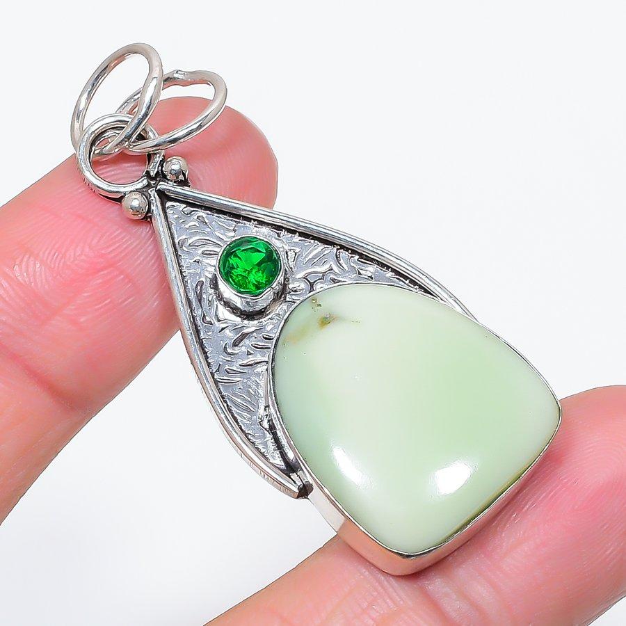 Natural Chrysoprase, Diopside 925 Sterling Silver Jewelry Pendant 2.21" r2a01