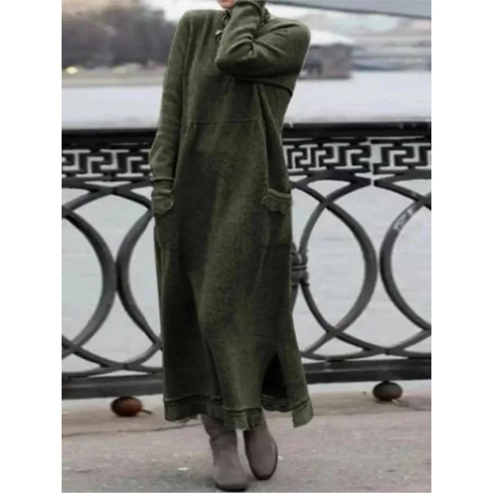 Yeni Sonbahar ve Kış Gevşek Uzun Etek Artı Kadife Sweatshirt Günlük Elbise Kadın Moda Düz O Yaka Uzun Kollu Tatil Elbisesi