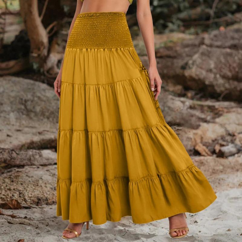 Tiered A Line Skirt Women Forest Fairy Pockets Patchwork Long Dress Elastic Waist Vintage Hippie Gypsy Maxi Skirt