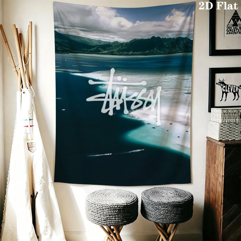 Teal Skull Pattern Tapestry, Vintage Street Brand Text Logo Collage Wall Hanging Aesthetic Decor