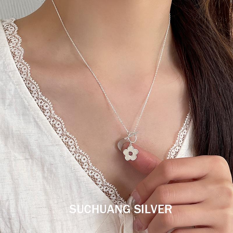 S925 Sterling Silver Plum Blossom Necklace with Mother-of-Pearl Clasp – Sweet Flower Style