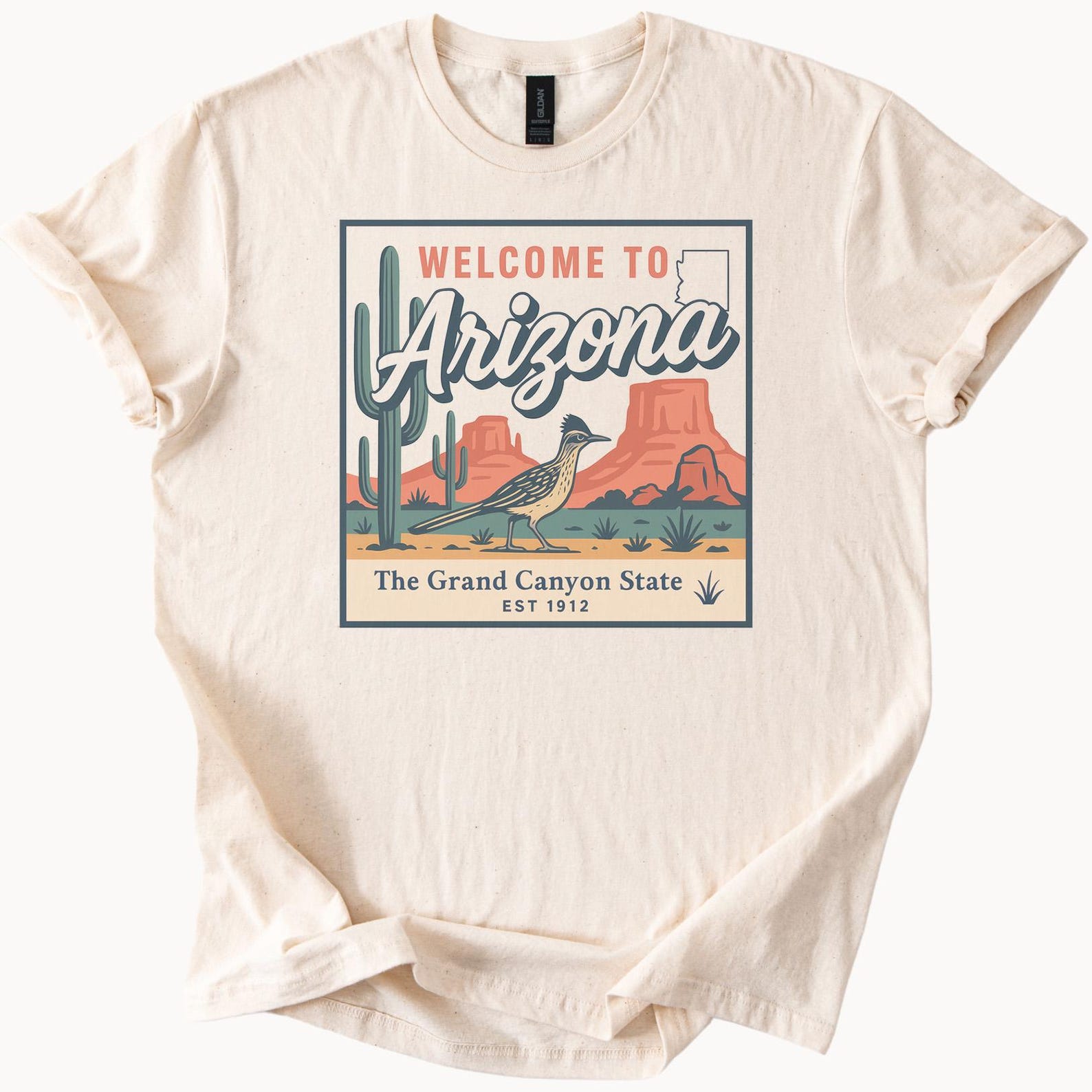 Arizona Graphic T Shirt Welcome to Arizona Grand Canyon State Desert Cactus Roadrunner Scene Southwest Nature Tee Handmade Shirt 130