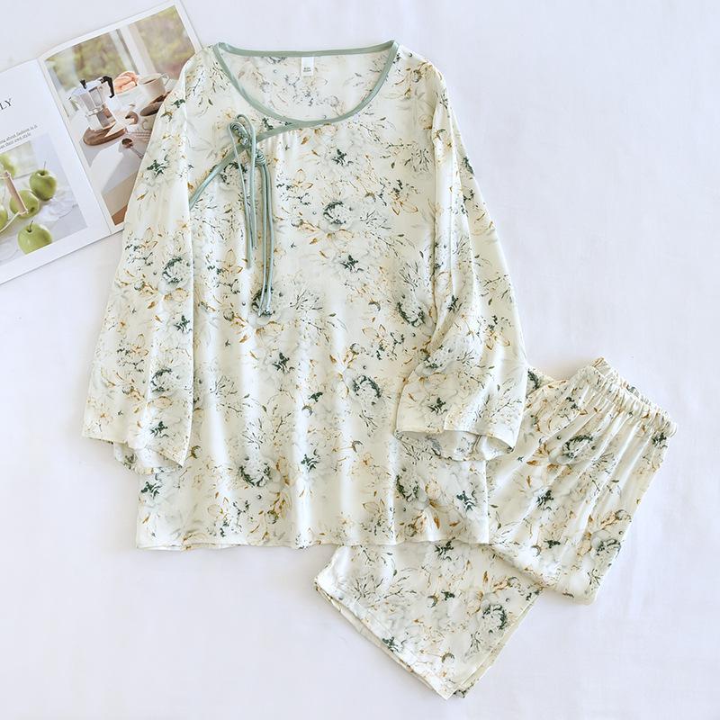 

Новая весна/лето женская пижама из вискозного хлопка, китайский комплект из двух предметов с пуговицами и тонким принтом XXL