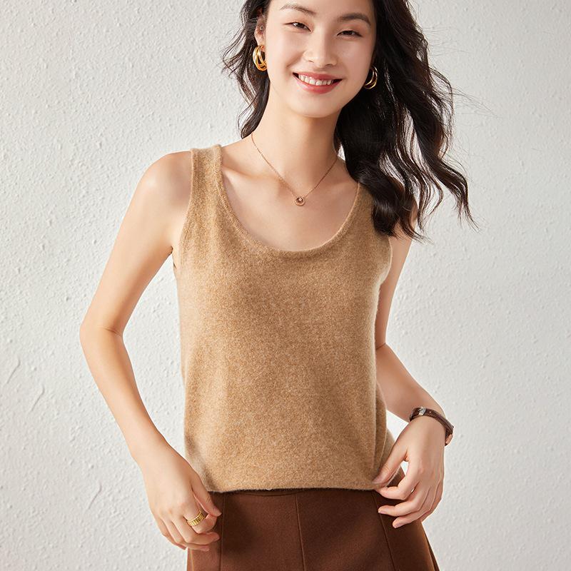 Women's Cashmere U-Neck Round Neck Knit Camisole - Solid Color, Warm, Twelve-Gauge