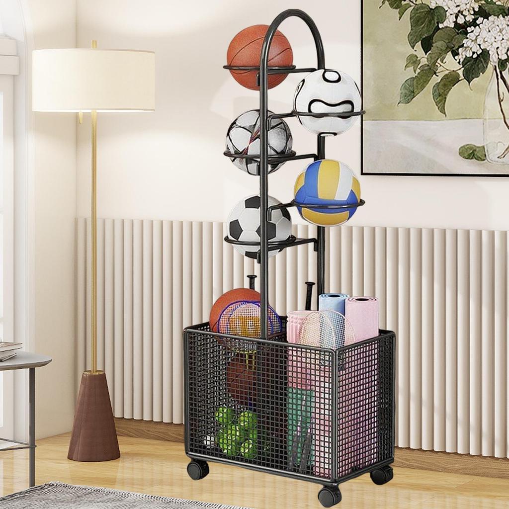 Indoor Basketball Storage Rack Volleyball Stand for School Home Kindergarten Black