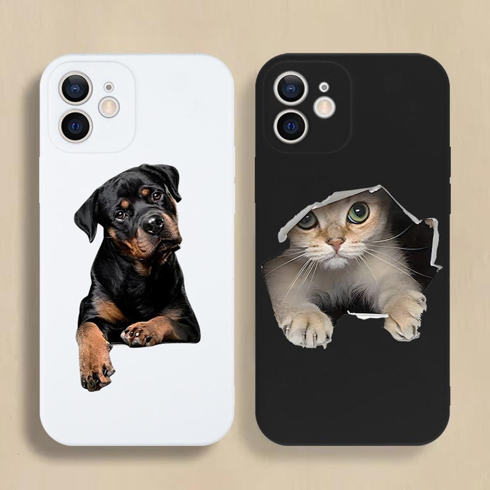 Cute Cat Dog Couple Phone Case For iPhone 16 15 14 13 12 11 Pro Max Mini X XS XR SE 7 8 Plus Cute Shockproof Soft Cover Fundas