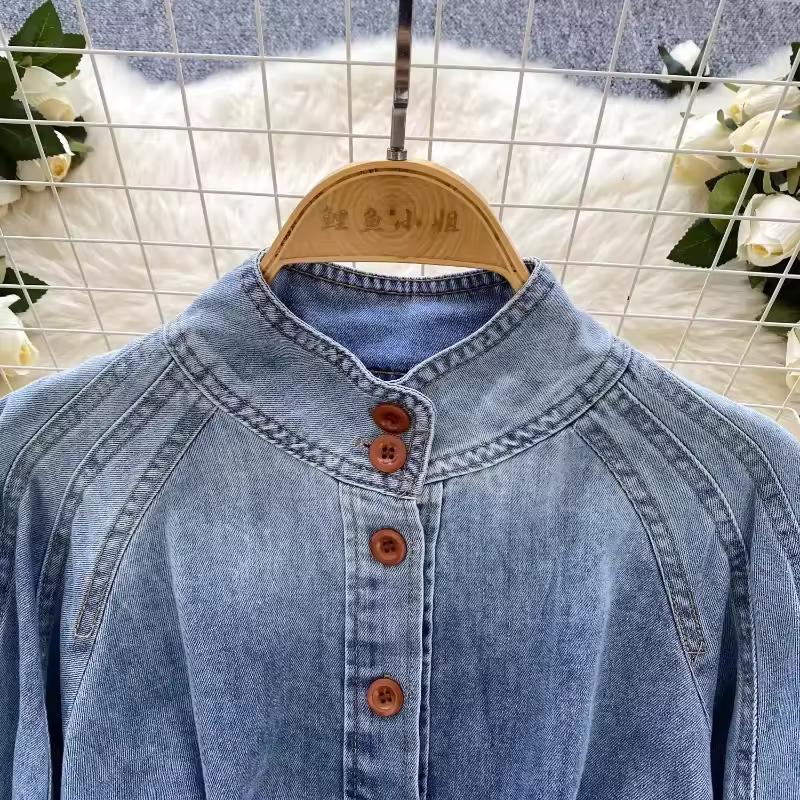 Denim Hemden&Blusen Damen Oberteile Herbst Frühling Laternenärmel Retro Einfarbig Stehkragen Bindegürtel Schick Camisas